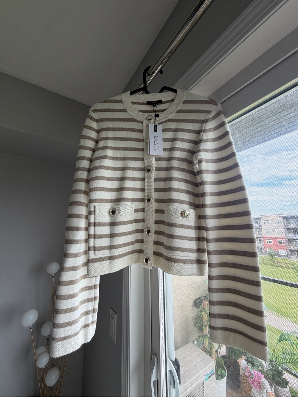 Dynamite Striped Crewneck Button Jacket - Cream & Taupe, XXS